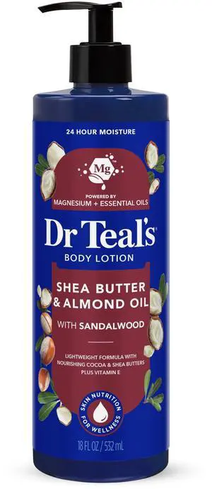 Dr Teals Shea Butter & Almond Oil Body Lotion, Hydrating Lotion with Sandalwood, 24 Hour Moisture, 18 fl oz Dr Teals Shea Butter & Almond Oil Body Lotion, Hydrating Lotion with Sandalwood, 24 Hour Moisture, 18 fl oz