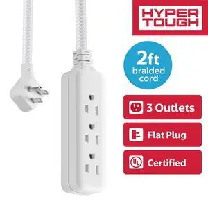 Hyper Tough Flat Plug Extension Cord, 3 Outlets, 2 ft Braided Fabric Cord, 3-Prong Grounded, Indoor, White Hyper Tough Flat Plug Extension Cord, 3 Outlets, 2 ft Braided Fabric Cord, 3-Prong Grounded, Indoor, White