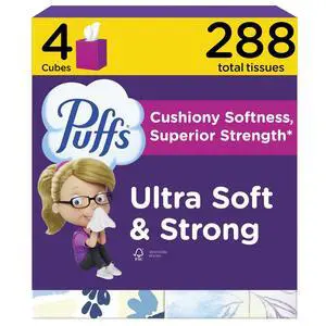 Puffs Facial Tissues Ultra Soft, 4 Mega Cube Boxes, 72 Facial Tissues per Box, Allergies and Colds (Packaging May Vary) Puffs Facial Tissues Ultra Soft, 4 Mega Cube Boxes, 72 Facial Tissues per Box, Allergies and Colds (Packaging May Vary)