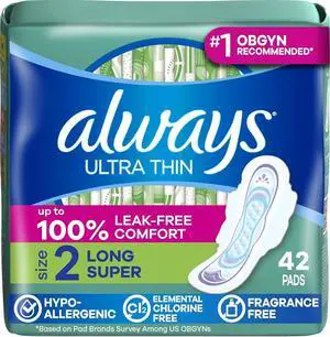 Always Ultra Thin Pads with Wings, Size 2, Long Super, 42 Count Always Ultra Thin Pads with Wings, Size 2, Long Super, 42 Count