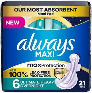 Always Maxi Overnight Feminine Pads with Wings for Women, Size 6, Ultimate Heavy Overnight Absorbency, Unscented, Up to 100% Leak-Free Protection, 21 Count Always Maxi Overnight Feminine Pads with Wings for Women, Size 6, Ultimate Heavy Overnight Absorbency, Unscented, Up to 100% Leak-Free Protection, 21 Count