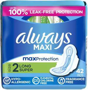 Always Maxi Feminine Pads with Wings for Women, Size 2, Long Super Absorbency, Unscented 42 Count Always Maxi Feminine Pads with Wings for Women, Size 2, Long Super Absorbency, Unscented 42 Count