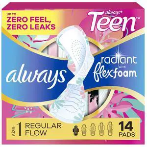 Always Radiant Teen Feminine Pads for Women, Size 1 Regular Absorbency, with Wings, Unscented, 14 Count Always Radiant Teen Feminine Pads for Women, Size 1 Regular Absorbency, with Wings, Unscented, 14 Count