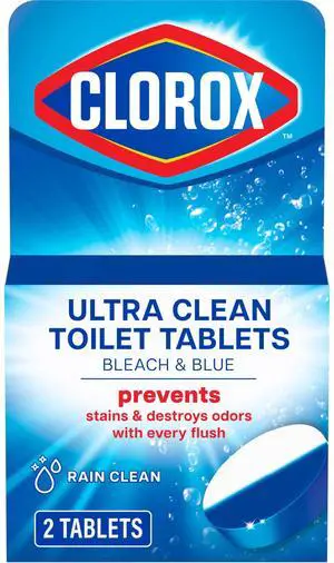 Clorox Ultra Clean Toilet Tablets Bleach & Blue, Rain Clean Scent 2.47 Ounces Each, 2 Count (Package May Vary) Clorox Ultra Clean Toilet Tablets Bleach & Blue, Rain Clean Scent 2.47 Ounces Each, 2 Count (Package May Vary)