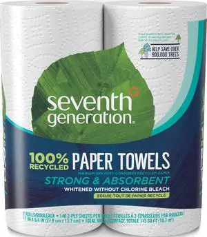Seventh Generation 100% Recycled Paper Towels, 2 Regular Rolls, 140 2-Ply Sheets (White) Strong & Absorbent Paper towels for Kitchen, Bathroom & Everyday Cleaning, Whitened Without Chlorine Bleach Seventh Generation 100% Recycled Paper Towels, 2 Regular Rolls, 140 2-Ply Sheets (White) Strong & Absorbent Paper towels for Kitchen, Bathroom & Everyday Cleaning, Whitened Without Chlorine Bleach