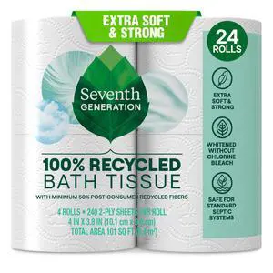 Seventh Generation Toilet Paper, 100% Recycled 2-Ply Bath Tissue, 4 Rolls of 240 Sheets, Extra Soft & Strong for Home & RV, Whitened without Chlorine Bleach, No Dyes or Fragrances, Septic Safe Seventh Generation Toilet Paper, 100% Recycled 2-Ply Bath Tissue, 4 Rolls of 240 Sheets, Extra Soft & Strong for Home & RV, Whitened without Chlorine Bleach, No Dyes or Fragrances, Septic Safe