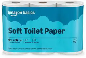 Amazon Basics 2-Ply Soft Toilet Paper, 6 Rolls, 350 Sheets per Roll, Equivalent to 37 Regular Rolls, Septic Safe Amazon Basics 2-Ply Soft Toilet Paper, 6 Rolls, 350 Sheets per Roll, Equivalent to 37 Regular Rolls, Septic Safe