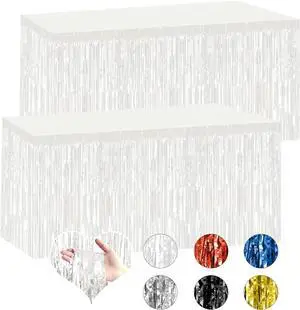 2 Pack 29.5x108 Inch White Foil Tinsel Fringe Table Skirts, Disposable Table Skirts for Rectangle Tables Curtains Backdrop Parade Wedding Floats Baby Shower Birthday Mardi Gras Party 2 Pack 29.5x108 Inch White Foil Tinsel Fringe Table Skirts, Disposable Table Skirts for Rectangle Tables Curtains Backdrop Parade Wedding Floats Baby Shower Birthday Mardi Gras Party