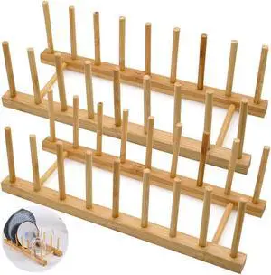 LZYMSZ Set of 2 Bamboo Wooden Dish Rack, Plate Rack Stand Pot Lid Holder, Kitchen Cabinet Organizer for Bowl, Cup, Cutting Board and More LZYMSZ Set of 2 Bamboo Wooden Dish Rack, Plate Rack Stand Pot Lid Holder, Kitchen Cabinet Organizer for Bowl, Cup, Cutting Board and More