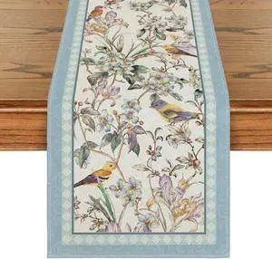 Artoid Mode Blue Birds Flowers Blossom Table Runner, Seasonal Spring Floral Kitchen Dining Table Decoration for Home Party Decor 13x72 Inch Artoid Mode Blue Birds Flowers Blossom Table Runner, Seasonal Spring Floral Kitchen Dining Table Decoration for Home Party Decor 13x72 Inch
