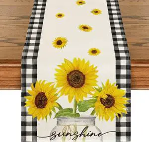 Artoid Mode Buffalo Plaid Sunflower Vase Sunshine Summer Table Runner, Spring Kitchen Dining Table Decoration for Home Party Decor 13x72 Inch Artoid Mode Buffalo Plaid Sunflower Vase Sunshine Summer Table Runner, Spring Kitchen Dining Table Decoration for Home Party Decor 13x72 Inch