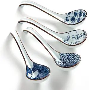 Ceramic Asian Soup Spoons, Easy to Hold, Long Handle Perfect Depth Spoon Set for Japanese Ramen Noodles, Chinese Dumpling, Pho, Miso, Wonton, Dishwasher Safe -Set of 4 - Blue Ceramic Asian Soup Spoons, Easy to Hold, Long Handle Perfect Depth Spoon Set for Japanese Ramen Noodles, Chinese Dumpling, Pho, Miso, Wonton, Dishwasher Safe -Set of 4 - Blue