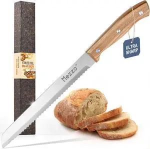 Mezzo Serrated Bread Knife for Homemade Bread, High Carbon Steel Sourdough Knife Cutter for Slicing Bread, Bagels & Cake, Razor Sharp Premium 8-Inch Bread Cutting Knives with Gift Box Mezzo Serrated Bread Knife for Homemade Bread, High Carbon Steel Sourdough Knife Cutter for Slicing Bread, Bagels & Cake, Razor Sharp Premium 8-Inch Bread Cutting Knives with Gift Box