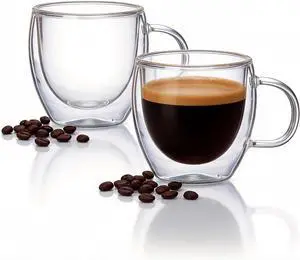Double Wall Insulated Espresso Shot Cups 5.4 OZ Set of 2, Small Clear Borosilicate Glass Demitasse Coffee Mugs with Handles Double Wall Insulated Espresso Shot Cups 5.4 OZ Set of 2, Small Clear Borosilicate Glass Demitasse Coffee Mugs with Handles
