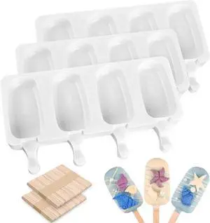 Sakolla 3 Pcs 4 Cavity Mini Popsicle Silicone Molds with 100 Wooden Sticks | Food Grade Silicone, Easy to Use, Oval Homemade Ice Cream Molds for Ice Pop, Cakesicles, Cake Pop Sakolla 3 Pcs 4 Cavity Mini Popsicle Silicone Molds with 100 Wooden Sticks | Food Grade Silicone, Easy to Use, Oval Homemade Ice Cream Molds for Ice Pop, Cakesicles, Cake Pop