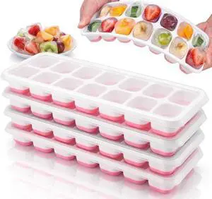 Set of 4 Stackable Silicone Ice Cube Trays with Removable Lids - Flexible, Spill-Resistant, Dishwasher Safe (Pink) Set of 4 Stackable Silicone Ice Cube Trays with Removable Lids - Flexible, Spill-Resistant, Dishwasher Safe (Pink)