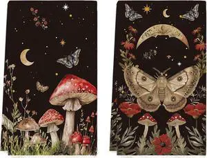 Artoid Mode Black Mushroom Moth Moon Kitchen Towels Dish Towels, 18x26 Inch Spring Flower Seasonal Decoration Hand Towels Set of 2 Artoid Mode Black Mushroom Moth Moon Kitchen Towels Dish Towels, 18x26 Inch Spring Flower Seasonal Decoration Hand Towels Set of 2