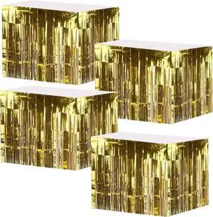 Yopay 4 Pack Metallic Foil Fringe Table Skirt, Gold Shiny Tinsel Tassle Banner for Mardi Gras, Bridal Shower, Wedding, Party Decoration, 108" X 29"/ Each Table Skirt Yopay 4 Pack Metallic Foil Fringe Table Skirt, Gold Shiny Tinsel Tassle Banner for Mardi Gras, Bridal Shower, Wedding, Party Decoration, 108" X 29"/ Each Table Skirt