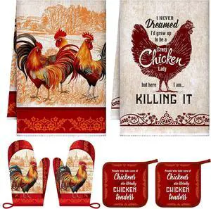 Leinuosen 6 Christmas Red Rooster Farmhouse Kitchen Decor Dish Towels Oven Mitts and Pot Holders Sets Chicken Kitchen Towels Absorbent Decorative Accessories for Cooking Baking Grilling Leinuosen 6 Christmas Red Rooster Farmhouse Kitchen Decor Dish Towels Oven Mitts and Pot Holders Sets Chicken Kitchen Towels Absorbent Decorative Accessories for Cooking Baking Grilling