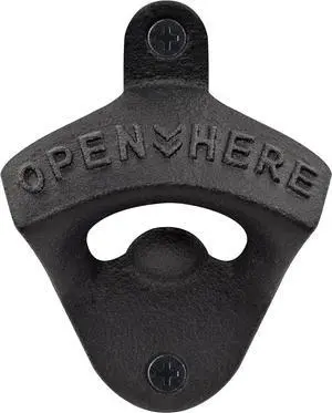 Cast Iron Beer Bottle Cap Opener Wall Mounted Black with Screws | Powder Coated, OPEN HERE Embossed, Mountable for Wooden Post Table Board Craft Cast Iron Beer Bottle Cap Opener Wall Mounted Black with Screws | Powder Coated, OPEN HERE Embossed, Mountable for Wooden Post Table Board Craft