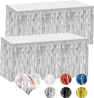 2 Pack 29.5x108 Inch Silver Foil Tinsel Fringe Table Skirts, Disposable Table Skirts for Rectangle Tables Curtains Backdrop Parade Wedding Floats Baby Shower Birthday Mardi Gras Party 2 Pack 29.5x108 Inch Silver Foil Tinsel Fringe Table Skirts, Disposable Table Skirts for Rectangle Tables Curtains Backdrop Parade Wedding Floats Baby Shower Birthday Mardi Gras Party