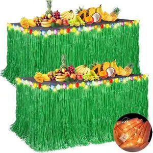 Aneco 2 Pieces 9 Ft x 30 Inches Luau Grass Table Skirts with LED String Light Hawaiian Table Skirt Lighted Grass Skirt Table Fringe for Tropical, Hawaiian Themed, Birthday Party (Green) Aneco 2 Pieces 9 Ft x 30 Inches Luau Grass Table Skirts with LED String Light Hawaiian Table Skirt Lighted Grass Skirt Table Fringe for Tropical, Hawaiian Themed, Birthday Party (Green)