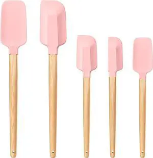 Wooden Handle Silicone Rubber Spatula Set 5 Piece for Kitchen Baking, Jars,Cooking, and Mixing High Heat Resistant Non Stick Dishwasher Safe BPA-Free (Pink) Wooden Handle Silicone Rubber Spatula Set 5 Piece for Kitchen Baking, Jars,Cooking, and Mixing High Heat Resistant Non Stick Dishwasher Safe BPA-Free (Pink)