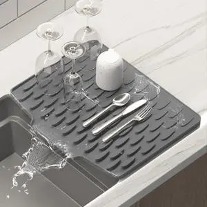 Silicone Dish Drying Mat for Kitchen Counter or Sink with Built-in Drain Lip, Non-Slip Quick Drying Mat, Easy to Clean, Heat Resistant Drying Matt, 15.7" x 13", Grey Silicone Dish Drying Mat for Kitchen Counter or Sink with Built-in Drain Lip, Non-Slip Quick Drying Mat, Easy to Clean, Heat Resistant Drying Matt, 15.7" x 13", Grey