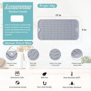 Silicone Dish Drying Mat, Multipurpose Heat Resistant 600 7-Inch Food Grade & BPA Free. Non-Slip Trivet mats for Cup, Hot Pot, Hot Dishes Silicone Dish Drying Mat, Multipurpose Heat Resistant 600 7-Inch Food Grade & BPA Free. Non-Slip Trivet mats for Cup, Hot Pot, Hot Dishes