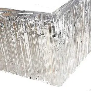 Set of 2 Metallic Foil Fringe Table Skirt 29x108 Inch Tinsel Disposable Skirting for Parade Floats Trailer, Mardi Gras Party, Birthday, Baby Shower, Wedding (Silver) Set of 2 Metallic Foil Fringe Table Skirt 29x108 Inch Tinsel Disposable Skirting for Parade Floats Trailer, Mardi Gras Party, Birthday, Baby Shower, Wedding (Silver)