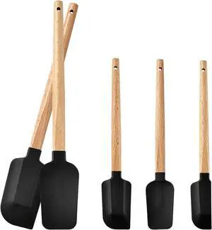 5 Piece Silicone Spatula Set with Wooden Handle, High Heat Resistant Non Stick Kitchen Spatulas, BPA-Free Food Grade Silicone Utensils for Cooking Baking Mixing Jar Scraping, Black 5 Piece Silicone Spatula Set with Wooden Handle, High Heat Resistant Non Stick Kitchen Spatulas, BPA-Free Food Grade Silicone Utensils for Cooking Baking Mixing Jar Scraping, Black