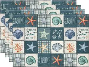 Artoid Mode Dark Blue Plaid Starfish Conch Summer Placemats Set of 4, 12x18 Inch Seasonal Sunshine Table Mats for Party Kitchen Dining Decoration Artoid Mode Dark Blue Plaid Starfish Conch Summer Placemats Set of 4, 12x18 Inch Seasonal Sunshine Table Mats for Party Kitchen Dining Decoration