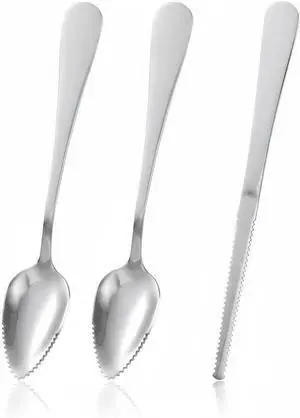 3Pcs Grapefruit Spoon & Knife Set, Stainless Steel Grapefruit Spoon with Serrated Edge, Silver Multi-Use Kitchen Tool for Citrus, Kiwi, Dessert, Avocado & More 3Pcs Grapefruit Spoon & Knife Set, Stainless Steel Grapefruit Spoon with Serrated Edge, Silver Multi-Use Kitchen Tool for Citrus, Kiwi, Dessert, Avocado & More