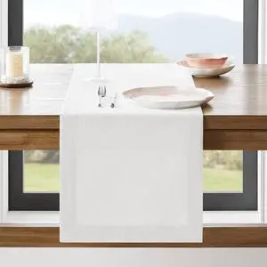 ZeeMart Linen Textured Border Table Runner, 14 x 72 Inch White | Mitered Corner Design, Medium Weight Fabric, Modern Farmhouse Style, Machine Washable Easy Care Everyday Table Scarf ZeeMart Linen Textured Border Table Runner, 14 x 72 Inch White | Mitered Corner Design, Medium Weight Fabric, Modern Farmhouse Style, Machine Washable Easy Care Everyday Table Scarf