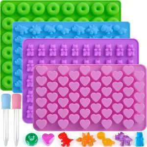 Sakolla Gummy Candy Molds Silicone with 2 Droppers Pack of 4 Mini Silicone Molds Including Dinosaur, Bear Shape, Hearts and Donut Gummie Chocolate Molds for Kids Sakolla Gummy Candy Molds Silicone with 2 Droppers Pack of 4 Mini Silicone Molds Including Dinosaur, Bear Shape, Hearts and Donut Gummie Chocolate Molds for Kids