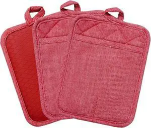 Pot Holders Yarn-Dyed Set of 3 Non Slip Silicone Kitchen Lines | Heat Resistant 500 Kitchen Gloves BBQ Cooking Baking Women Men Cooking Barbecue Microwave Machine Washable (Red Potholders) Pot Holders Yarn-Dyed Set of 3 Non Slip Silicone Kitchen Lines | Heat Resistant 500 Kitchen Gloves BBQ Cooking Baking Women Men Cooking Barbecue Microwave Machine Washable (Red Potholders)