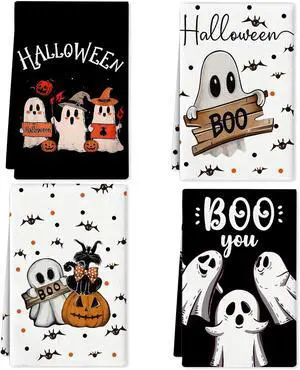 4 Pcs Halloween Kitchen Towels Funny Hand Towels for Bathroom | 16x24 Inch Spooky Boo Ghost Dish Cloths Pumpkin Bat Ghost Halloween Bathroom Decortions Housewarming Gift for Home Wall Decor 4 Pcs Halloween Kitchen Towels Funny Hand Towels for Bathroom | 16x24 Inch Spooky Boo Ghost Dish Cloths Pumpkin Bat Ghost Halloween Bathroom Decortions Housewarming Gift for Home Wall Decor