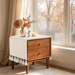 yuboo Nightstand Cover 13 x 36 Inch Cream Boho Dresser Cover Top | Short Farmhouse Table Runner with Tassels for Fall Bedroom Night Stand, End Table, Coffee Table, TV Stand Decor yuboo Nightstand Cover 13 x 36 Inch Cream Boho Dresser Cover Top | Short Farmhouse Table Runner with Tassels for Fall Bedroom Night Stand, End Table, Coffee Table, TV Stand Decor