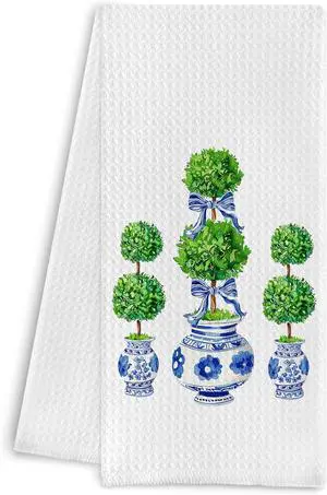 Blue and White Porcelain Chinoiserie Towels, Green Topiary Tree Dish Towels for Kitchen, Hand Towels for Bathroom, 16x24 Inches Blue and White Porcelain Chinoiserie Towels, Green Topiary Tree Dish Towels for Kitchen, Hand Towels for Bathroom, 16x24 Inches