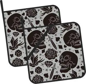 Skull and Rose Pot Holders Set of 2 Kitchen Heat Resistant Potholder for Microwave Cooking Baking Oven End Dishes and BBQ Skull and Rose Pot Holders Set of 2 Kitchen Heat Resistant Potholder for Microwave Cooking Baking Oven End Dishes and BBQ