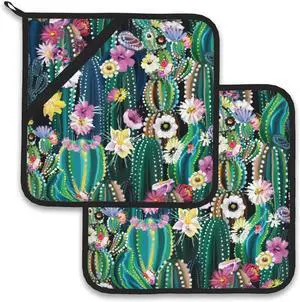 Blooming Cactus Succulents Flowers Pot Holder Set of 2,Heat Resistant Potholders Oven Hot Pads for Kitchen Cooking Baking BBQ Blooming Cactus Succulents Flowers Pot Holder Set of 2,Heat Resistant Potholders Oven Hot Pads for Kitchen Cooking Baking BBQ