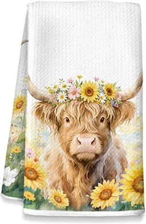 Highland Cow Kitchen Towels, Highland Cattle Themed Dish Towels, Farm Cattle Watercolor Floral Tea Hand Dishcloths Gift for Farmhouse Kitchen, Waffle Weave Microfiber,16×24 Inche Highland Cow Kitchen Towels, Highland Cattle Themed Dish Towels, Farm Cattle Watercolor Floral Tea Hand Dishcloths Gift for Farmhouse Kitchen, Waffle Weave Microfiber,16×24 Inche