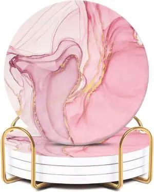 Cute Pink Absorbent Coasters Set of 4, Ceramic Coasters with Gold Holder | Drink Coasters with Cork Backing for Coffee Table, Kitchen Counters, Living Rooms, Home Office Desk Decor for Women Girls Cute Pink Absorbent Coasters Set of 4, Ceramic Coasters with Gold Holder | Drink Coasters with Cork Backing for Coffee Table, Kitchen Counters, Living Rooms, Home Office Desk Decor for Women Girls