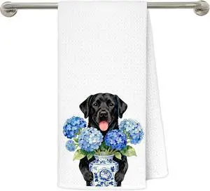 Hydrangea Black Labrador Retriever Kitchen Towels, Black Lab Gifts Decorative Hand Tea Towels for Bathroom, Blue Chinoiserie Porcelain Floral Lab Dog Dish Towel Drying Cloth, 16x24 Inches Hydrangea Black Labrador Retriever Kitchen Towels, Black Lab Gifts Decorative Hand Tea Towels for Bathroom, Blue Chinoiserie Porcelain Floral Lab Dog Dish Towel Drying Cloth, 16x24 Inches