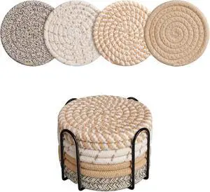 Coasters Set of 8 for Drinks with Holder,4 Colors Absorbent Coasters,Boho Cotton Woven Coaster Set for Living Room Decor,Tabletop Protection Suitable for Drinks,Beer, Coffee Coasters Set of 8 for Drinks with Holder,4 Colors Absorbent Coasters,Boho Cotton Woven Coaster Set for Living Room Decor,Tabletop Protection Suitable for Drinks,Beer, Coffee