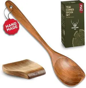 CORNER Teak Wooden Spoon for Cooking With Teak Spoon Rest - Made of Premium Natural Teak Wood CORNER Teak Wooden Spoon for Cooking With Teak Spoon Rest - Made of Premium Natural Teak Wood