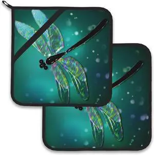 Fantasy Green Dragonfly Pot Holder Set of 2,Heat Resistant Potholders Oven Hot Pads for Kitchen Cooking Baking BBQ Fantasy Green Dragonfly Pot Holder Set of 2,Heat Resistant Potholders Oven Hot Pads for Kitchen Cooking Baking BBQ