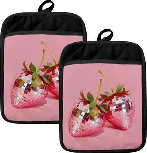 Trendy Strawberry Disco Ball Pot Holders for Kitchen, Strawberry Gifts for Women, Funky Pink Glam Strawberries Heat Resistant Hot Pads and Oven Mitts for Baking Cooking Trendy Strawberry Disco Ball Pot Holders for Kitchen, Strawberry Gifts for Women, Funky Pink Glam Strawberries Heat Resistant Hot Pads and Oven Mitts for Baking Cooking