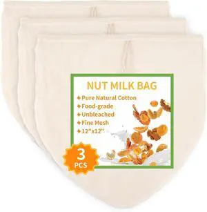 3 Pcs 12"x12" Nut Milk Bag, Cheesecloth Cheese Cloth Bag for Straining | Natural Unbleached Cotton Reusable Strainer Bag for Oat Almond Milk, Cheese Making, Yogurt, Juice, Cold Brew Coffee, Beer Tea 3 Pcs 12"x12" Nut Milk Bag, Cheesecloth Cheese Cloth Bag for Straining | Natural Unbleached Cotton Reusable Strainer Bag for Oat Almond Milk, Cheese Making, Yogurt, Juice, Cold Brew Coffee, Beer Tea