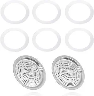 8 Pcs Moka Pot Filter Set, 6 Cups(270ML / 9.1OZ), Compatible with Bialetti | Includes 6 Gaskets & 2 Plates, Durable Silicone, Leak-Proof Seal, Heat-Resistant, Compatible with VENUS/MUSA/KITTY/EXPRESS 8 Pcs Moka Pot Filter Set, 6 Cups(270ML / 9.1OZ), Compatible with Bialetti | Includes 6 Gaskets & 2 Plates, Durable Silicone, Leak-Proof Seal, Heat-Resistant, Compatible with VENUS/MUSA/KITTY/EXPRESS